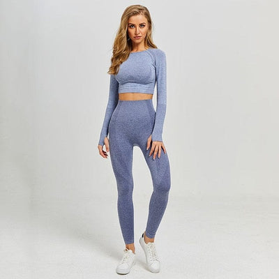 Women Seamless Yoga Set with Leggings and Cropped Long Sleeve Shirt