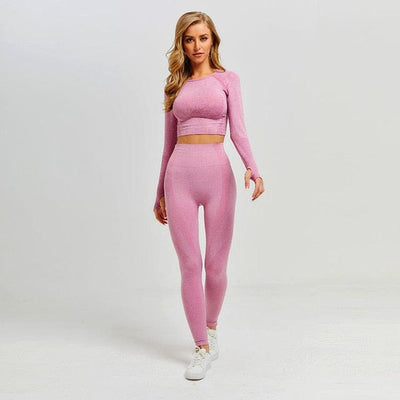 Women Seamless Yoga Set with Leggings and Cropped Long Sleeve Shirt